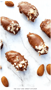“Majdool” dates work great for this almond chocolate covered dates recipe, as they tend to be soft and chewy. You can use normal dates if you prefer and they will still be great, but they just won’t be quite as soft.