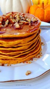 These homemade Pumpkin pancakes are quick to whip up, light and fluffy and have a lovely fall flavor. They are perfect for a weekend brunch! 