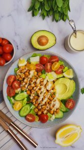 roasted chickpea salad with tahini dressing. Air fryer chickpea.