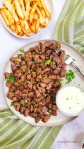 Top sirloin steak in air fryer cut into bite size pieces