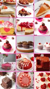 collection of valentine's day cakes, cupcakes, cheesecakes and all sorts of delicious desserts.