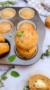 Mediterranean Savory Muffins are tender, savory, full with zaatar spice, and melty chunks of mozzarella cheese throughout.